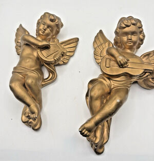 Vintage Gold Tone Cherub Angel Set 2 Japan Gallery Signed Andrea Chalkware 7"